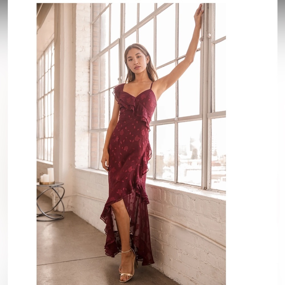 Lulu's Burgundy Ruffled Satin High Low Dress XL Bridesmaid Wedding Guest